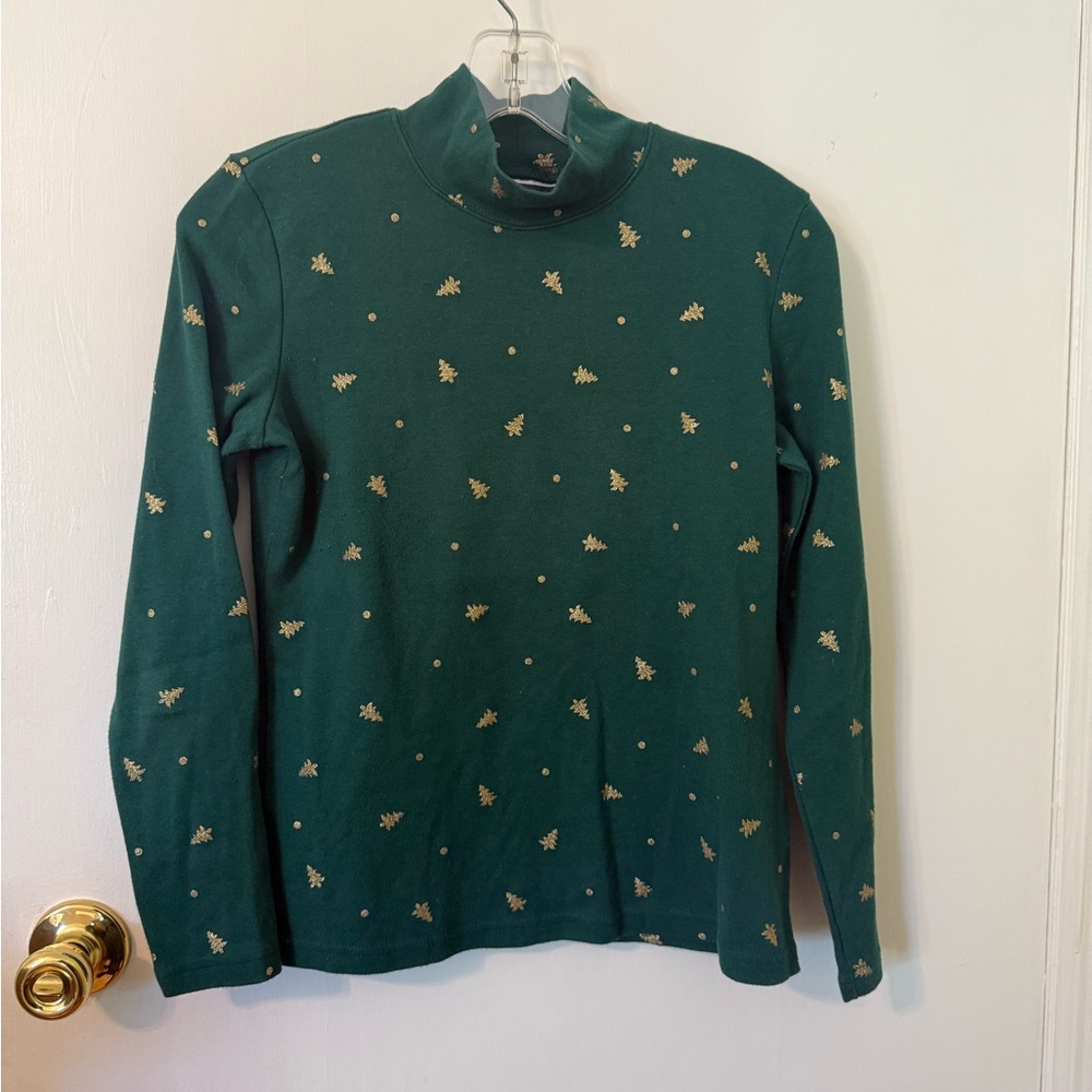 Karen Scott Green Turtleneck with Gold Christmas Tree Pattern Petite Small